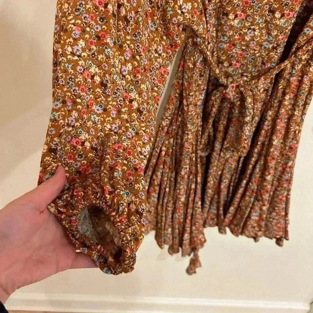 AURA Ballon Sleeve bat wing braided Belt flowy Boho floral fall mini dress S-M - Picture 13 of 15